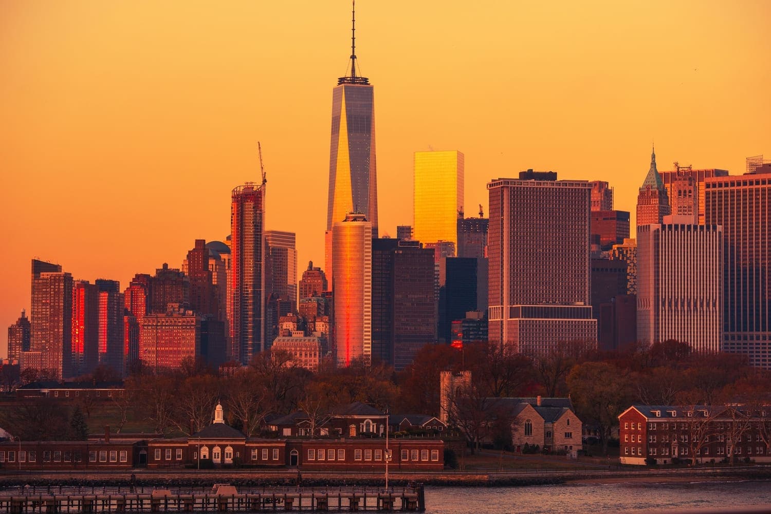 The Lower Manhattan skyline at sunset